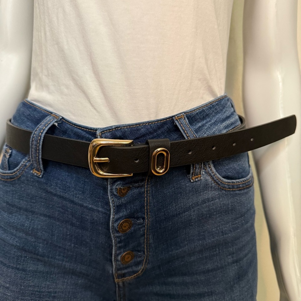 Black PU distressed leather skinny belt with minimalist gold tone buckle